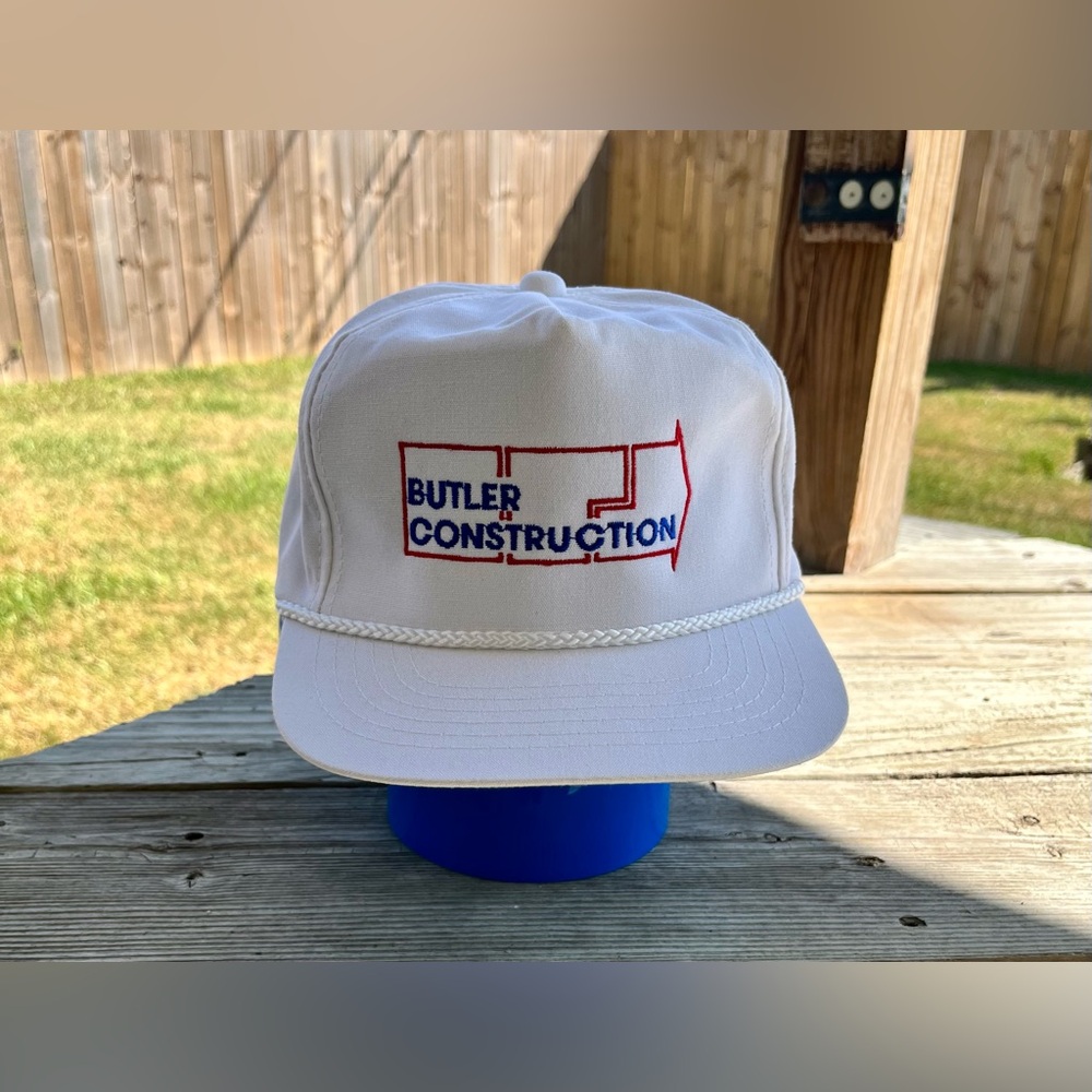 VTG White Construction Company Rope Hat Logo Nylon Zip Strap Back‎